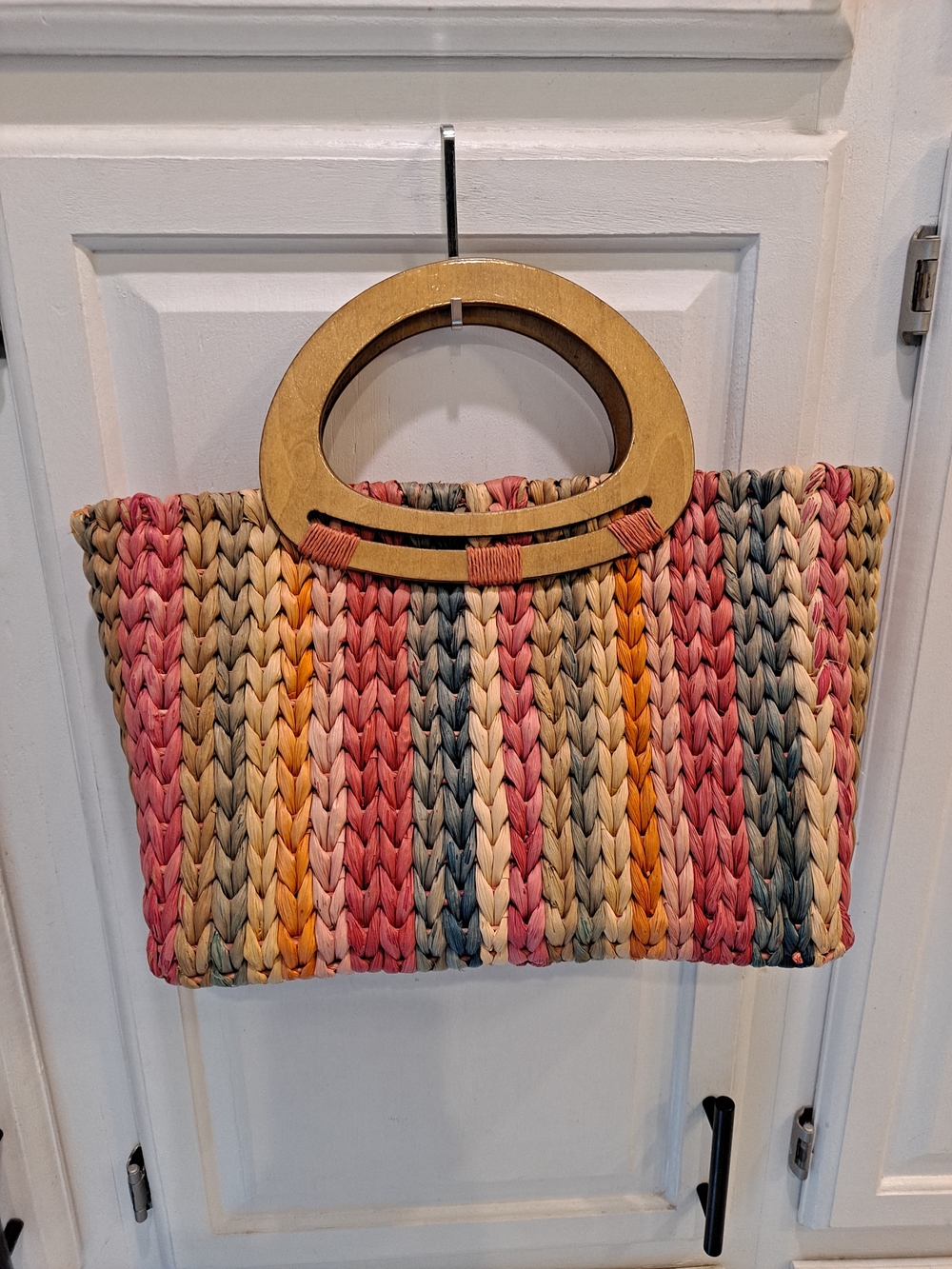 Cappelli Straworld Rainbow Braided Straw Tote w/Wooden Oval Handles Vintage Boho - Picture 6 of 10
